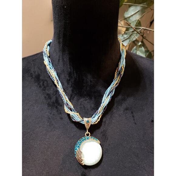 Womens Multilayer Seed Beads Twisted String Crackle Acrylic Pendant Necklace - Picture 2 of 6